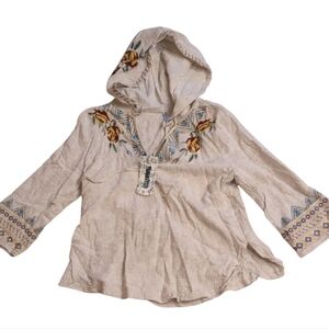 NWT Monoreno Embroidered Linen Blouse Tunic With Hood White Floral Size M